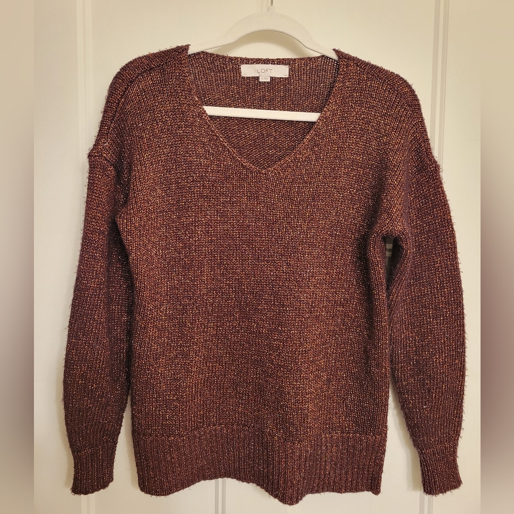 LOFT Women's V-Neck Metallic Knit Sweater - Brown & Gold. XS